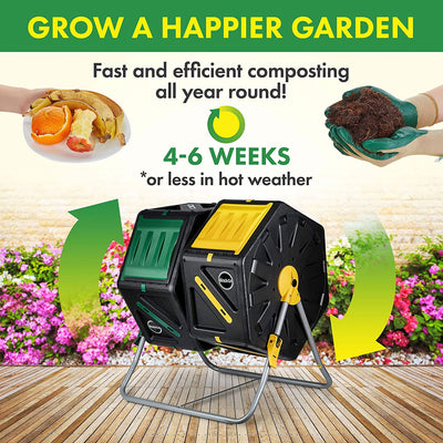 Miracle Gro DC140 70 Liter Dual Chamber Outdoor Compost Tumbler Mixer, Black