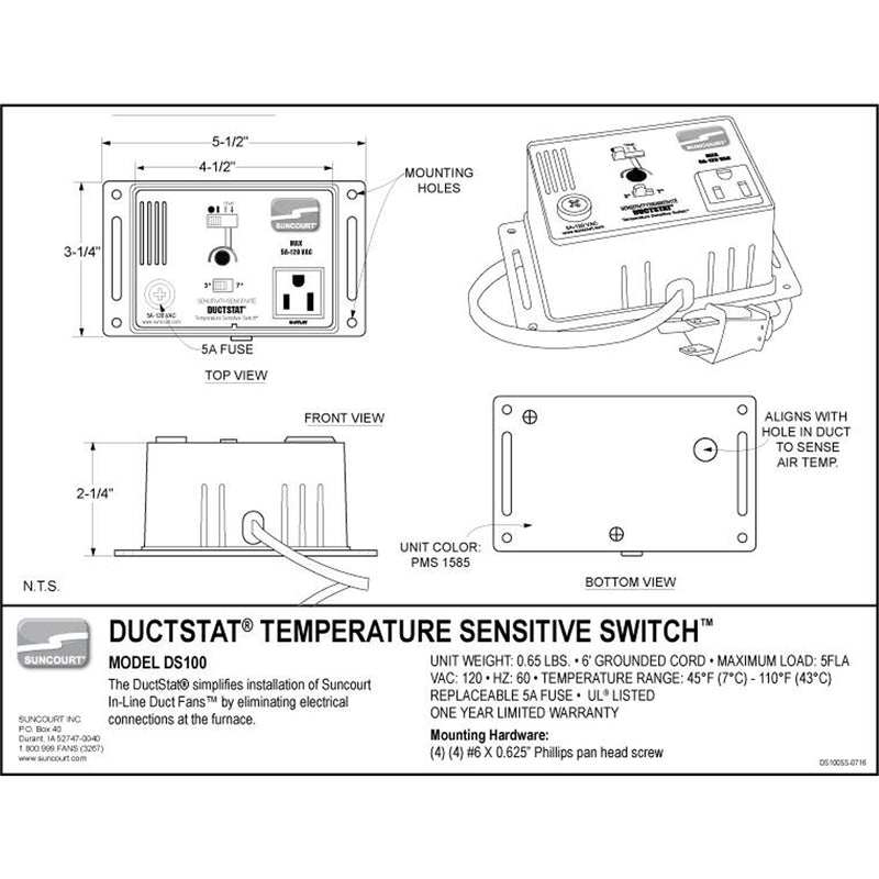 Suncount DuctStat Temperature Sensitive Plug In/Inline Thermostat (Open Box)