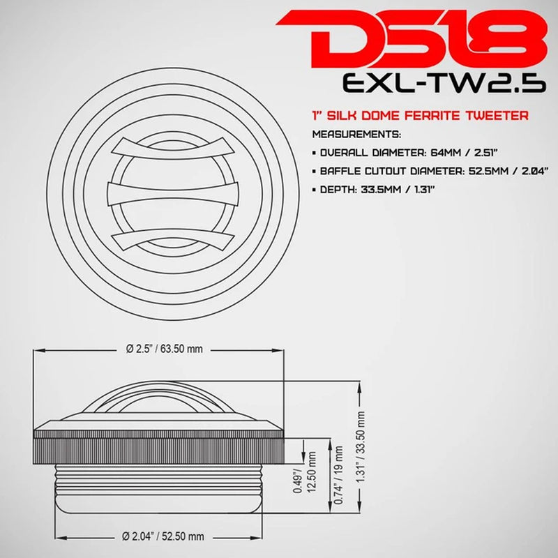 DS18 DS18-EXL-TW2.5 2.5" 100W MAX 4 Ohm Silk Dome Tweeter w/ 1" Voice Coil, Pair