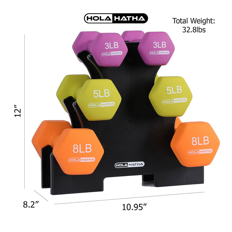 HolaHatha Dumbbell Weight Set w/ 3, 5 and 8 Pound Weights Storage Rack(Open Box)