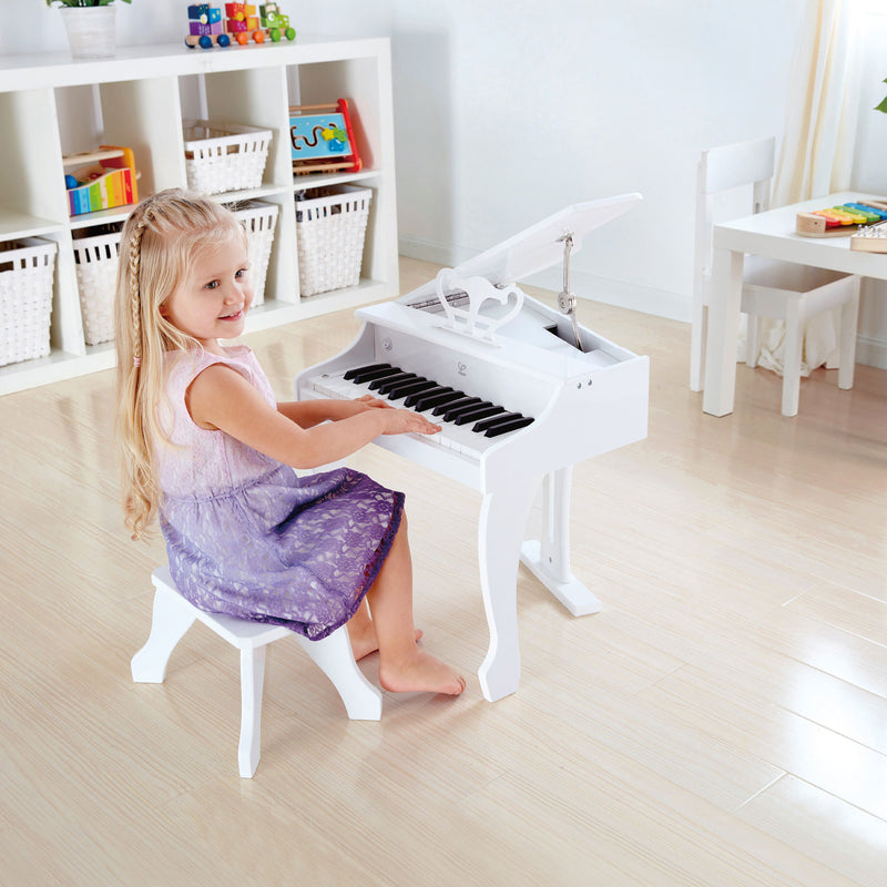 Hape Deluxe Grand Piano Kids Electric 30 Key Keyboard Piano Toy and Bench, White
