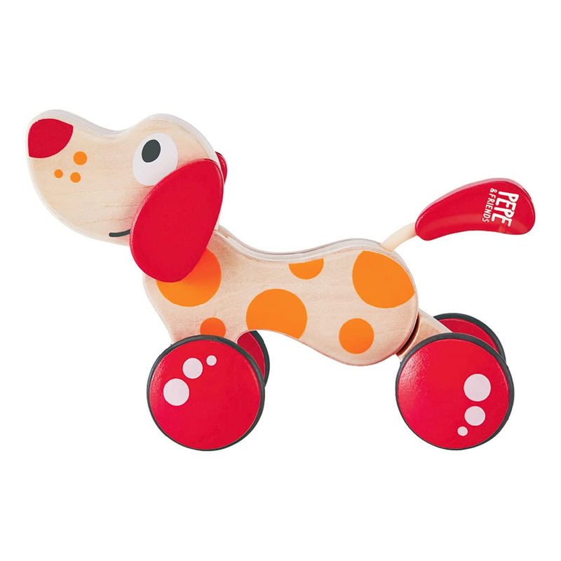 Hape Walk A Long Pepe Puppy Wooden Push Pull Toy, Ages 1 and Up, Red and Orange