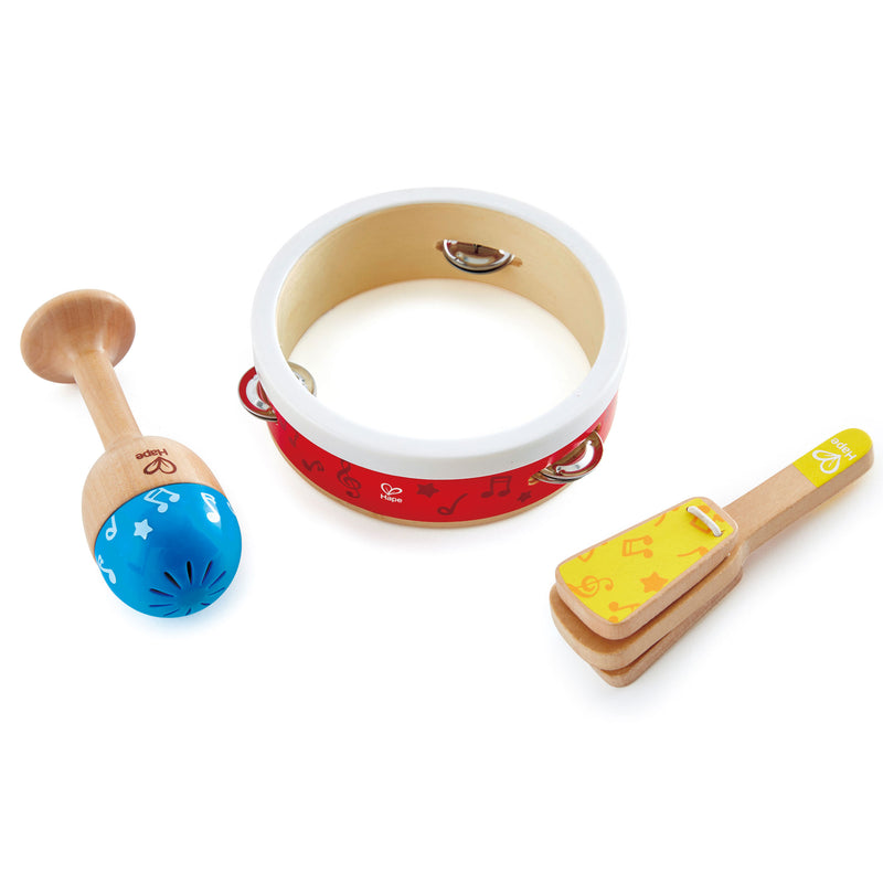 Hape Kids Toddler 3 Piece Wooden Musical Instrument Toy Junior Percussion Set
