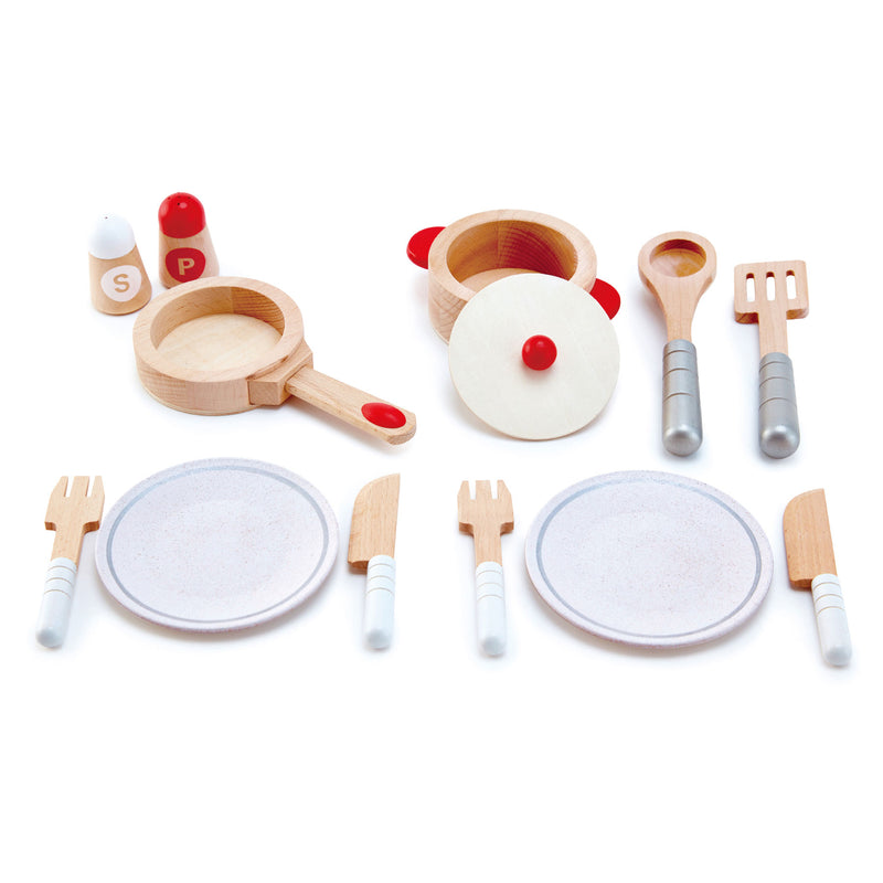 Hape Cook & Serve Kids Wooden Pretend Kitchen Play Food Plates & Utensils Set