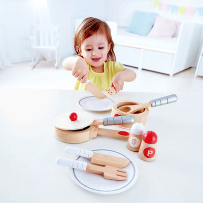 Hape Cook & Serve Kids Wooden Pretend Kitchen Play Food Plates & Utensils Set