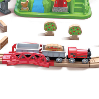 Hape E3772 41 Piece Countryside Kids Train Track Toy Playset with Storage Bucket