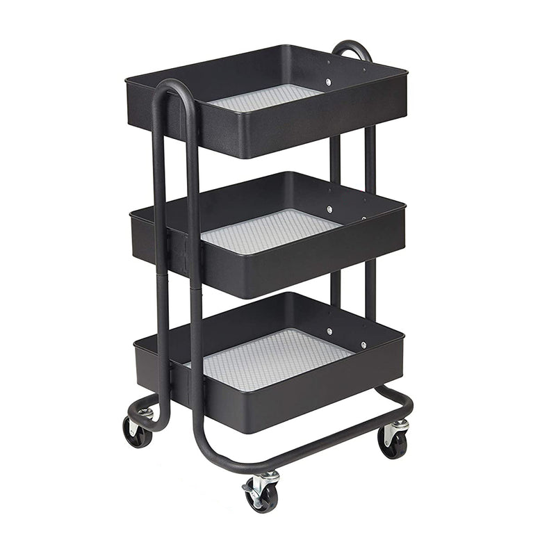 ECR4Kids 3 Tier Metal Rolling Storage Organizer Utility Cart w/ 4 Wheels, Black