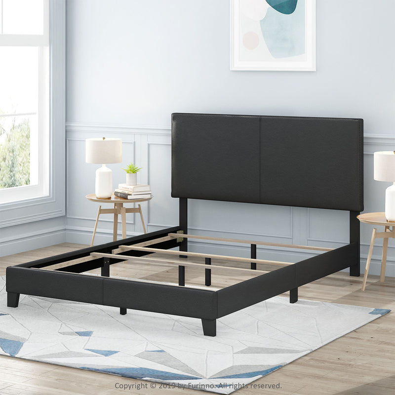 Furinno Pessac Wood Bed Frame with PU Leather Upholstery, Queen Size, Black