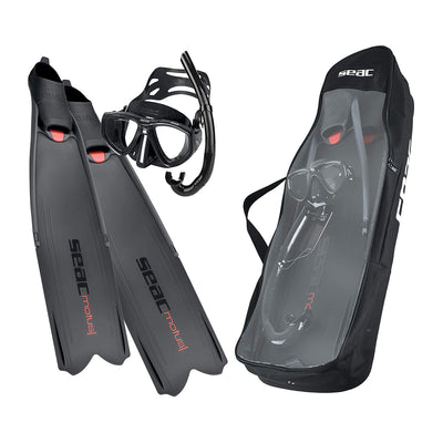 SEAC Motus Freediving Set with Fins, Goggles, Snorkel, Size 12.5 to 13.5, Black