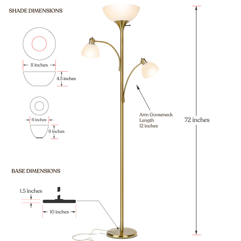 Brightech Sky Dome Double LED Torchiere 72 Inch Floor Lamp w/ 2 Reading Lights
