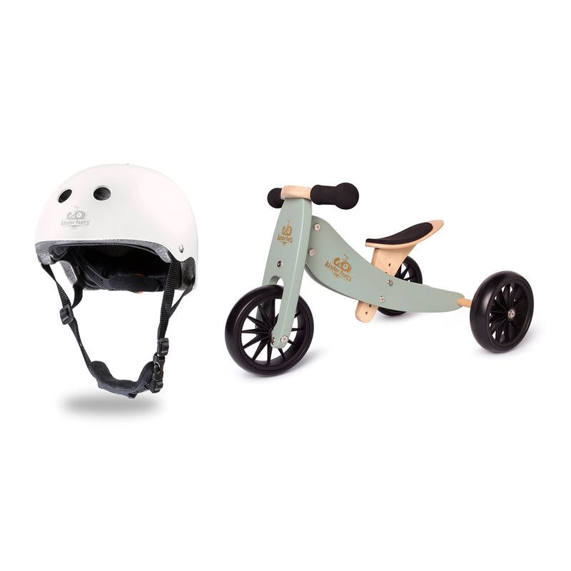 Kinderfeets White Adjustable Kids Helmet Bundle w/ Green Balance Trike Tricycle