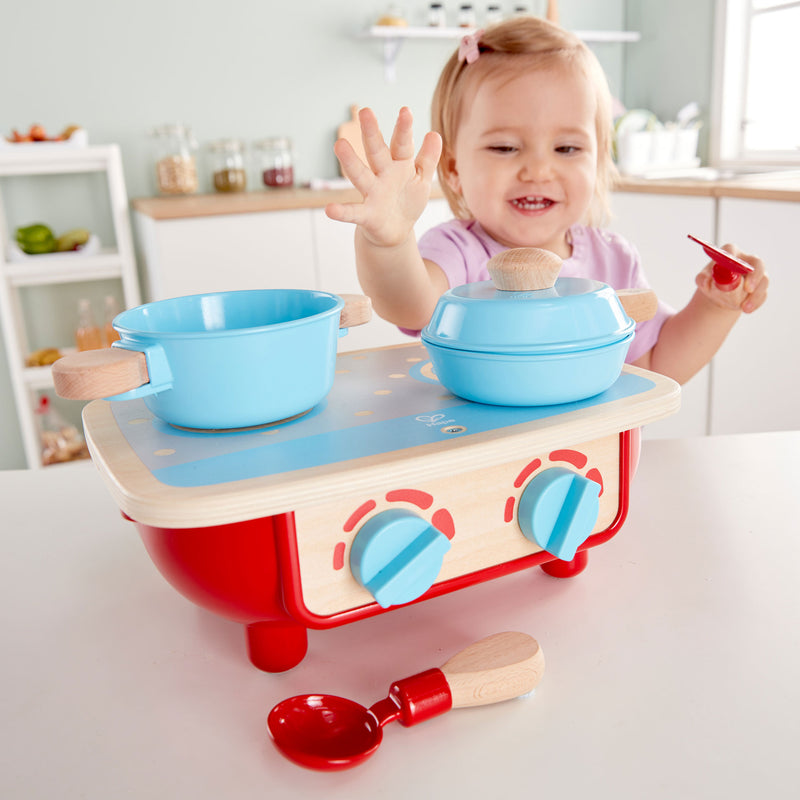 Hape Toddler Wooden Pretend Kitchen Stove Top Set with 5 Accessories (Open Box)