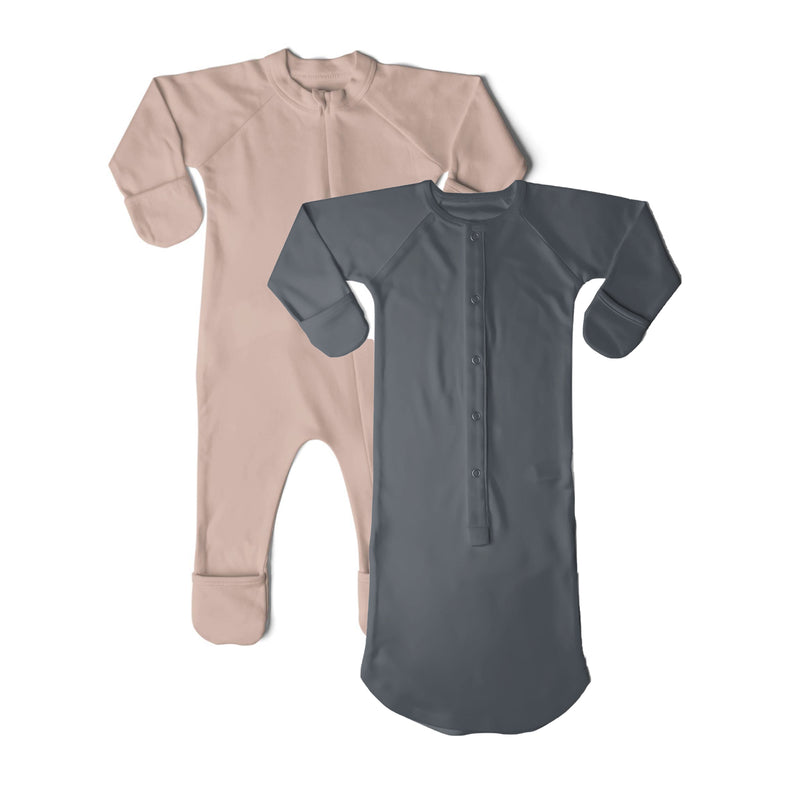 Goumikids Unisex Baby Footie Organic Sleep Clothes Bundle, 0-3M Rose & Midnight