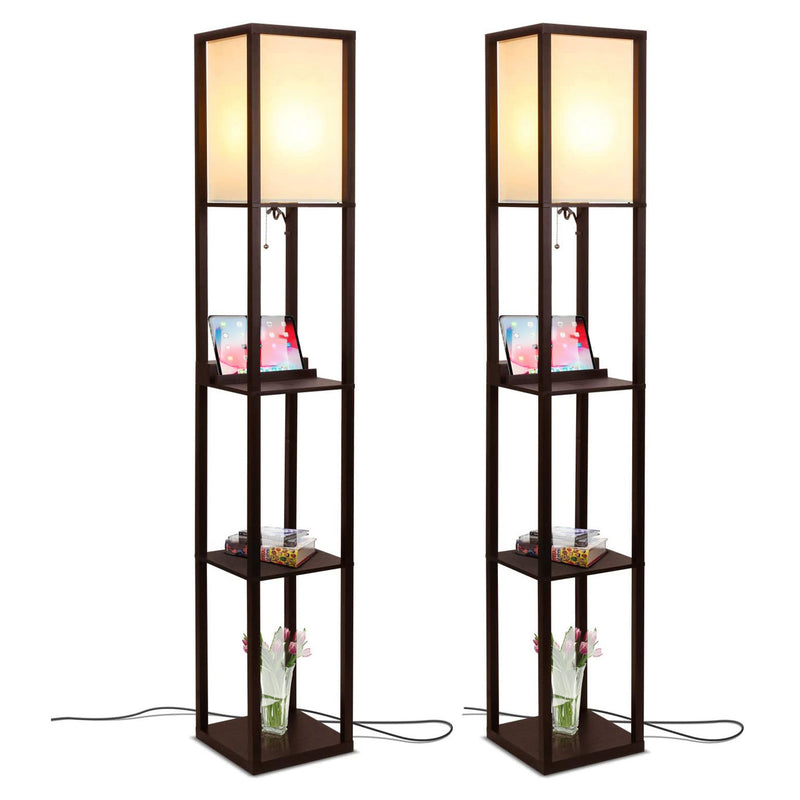 Brightech Maxwell Tower Floor Lamp w/Shelves & Wireless Charging, Brown (2 Pack)