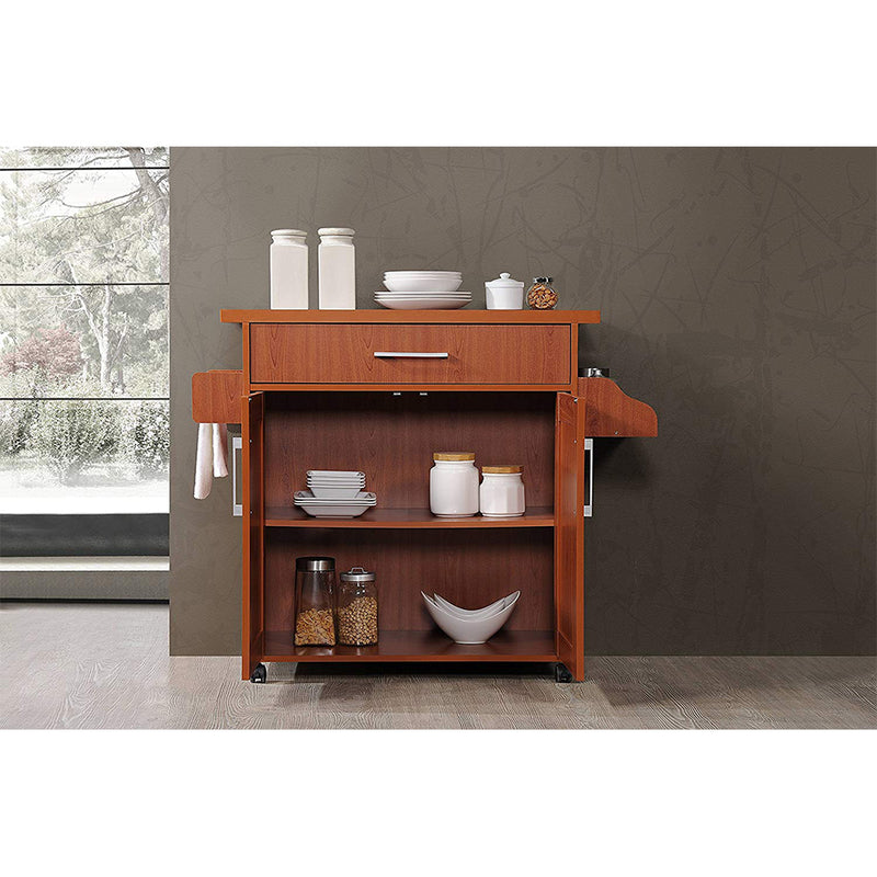 Hodedah Wheeled Kitchen Island Cart with Spice Rack and Towel Holder, Cherry