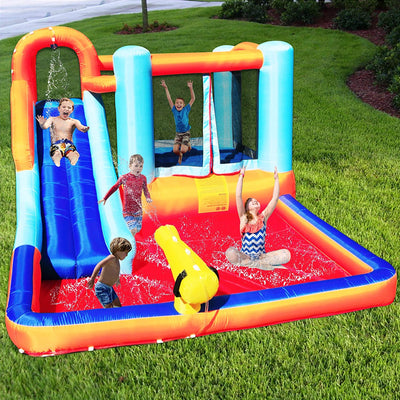 Hoovy Inflatable Outdoor Kids Bounce House Trampoline Water Park Slide w/ Blower