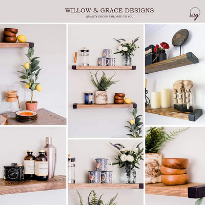 Willow & Grace Wooden Floating Shelves - Easily Mounted | Natural (24" Set of 2)