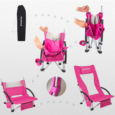 KingCamp Beach Folding Lounge Chair w/ Mesh Back & Foam Arm Rest, Pink (Damaged)