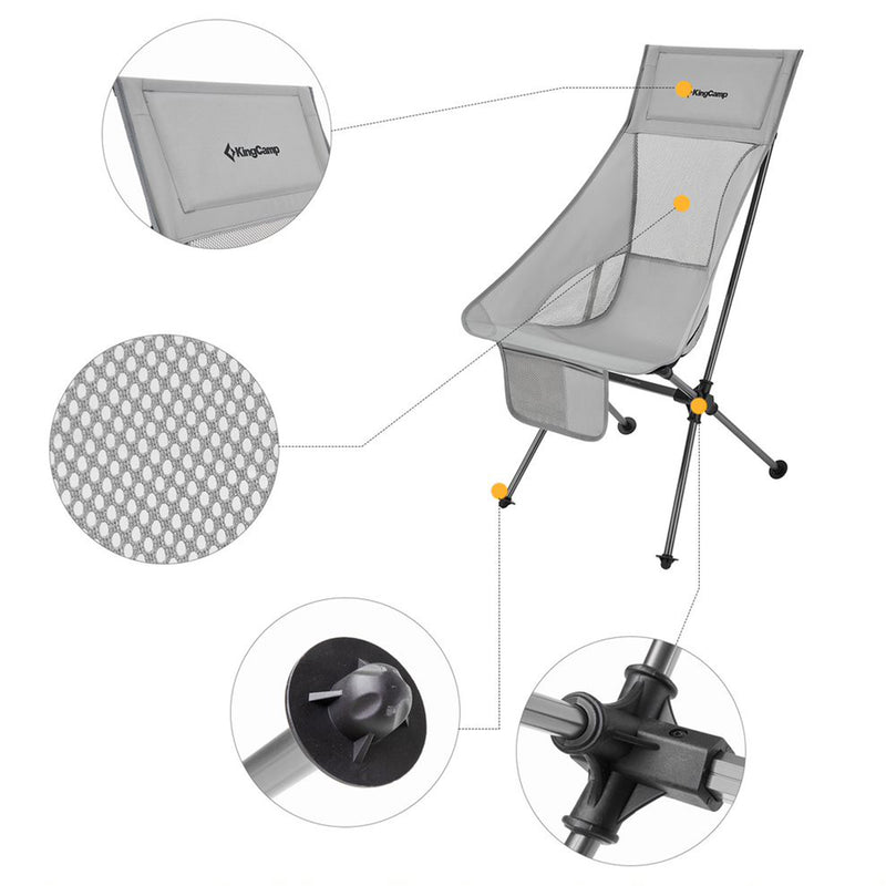 KingCamp Ultralight High Back Portable Camping Folding Chair w/ Carry Bag, Gray