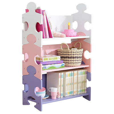 KidKraft Cute Wooden 3 Shelf Kids Puzzle Piece Bookcase Organizer, Pink & Purple