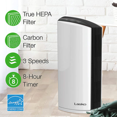 Lasko Portable Home Office 3 Speed Air Purifier Tower Machine with HEPA Filter