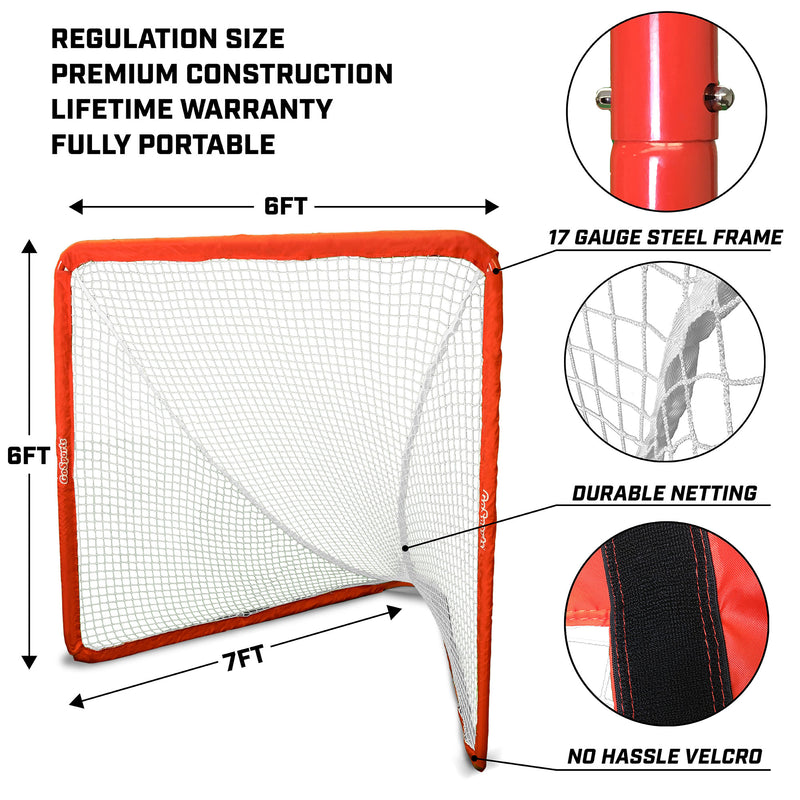 GoSports Regulation 6 X 7 Foot Steel Framed Lacrosse Goal Net with Travel Case