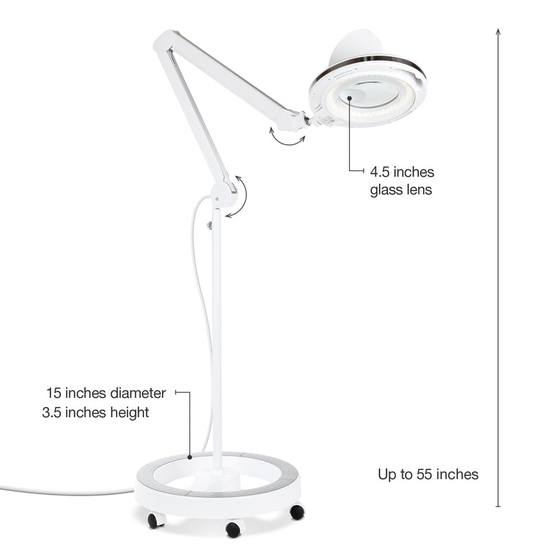 Brightech Lightview Pro Rolling Wheel Base 3 Diopter Magnifier Floor Lamp, White