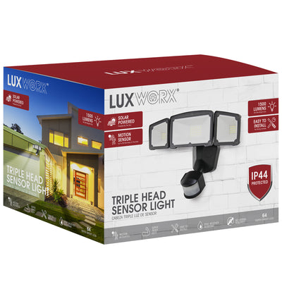 LUXWORX Wide Angle Three Head Solar Powered Outdoor LED Motion Sensor Light