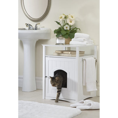 Merry Products Decorative Cat Enclosed Litter Box Washroom w/ Night Stand, White