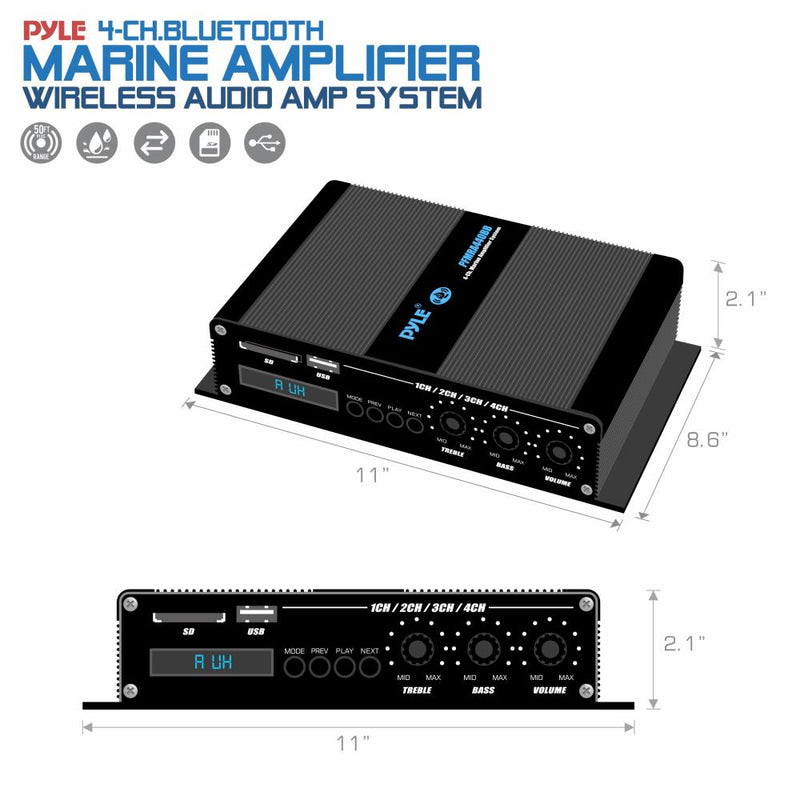 Pyle 4 Channel 400 Watt Marine Amp Amplifier Bluetooth Receiver Sound System