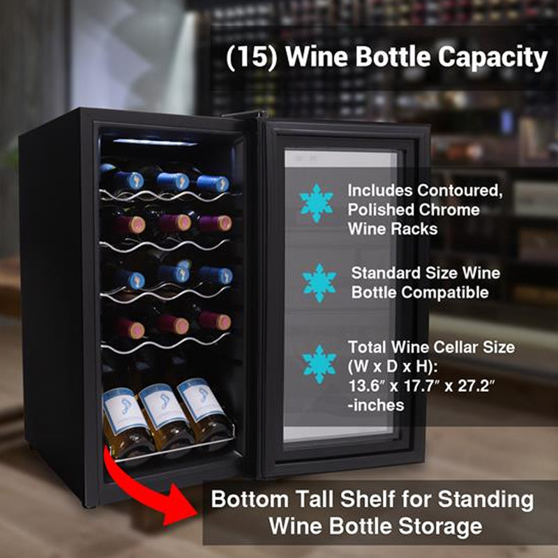 NutriChef Digital 15 Bottle Thermoelectric Wine Chiller Cooler, Black (Open Box)