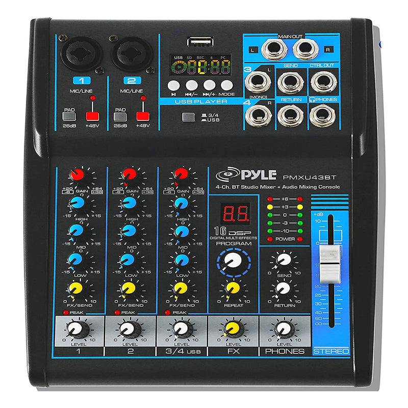 Pyle 4 Channel Bluetooth Sound Board Mixer System for DJ Studio Controller Audio