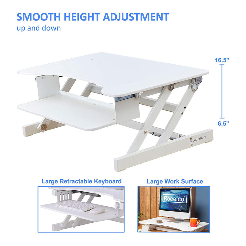Rocelco Standing Desk Converter 32 Inch Adjustable Height Support Riser, White