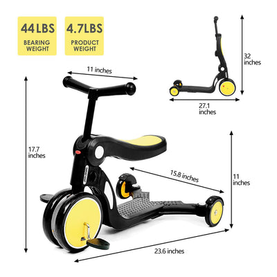 Beberoad Roadkid 5 in 1 Multifunctional Scooter & Balance Bike for Kids, Yellow