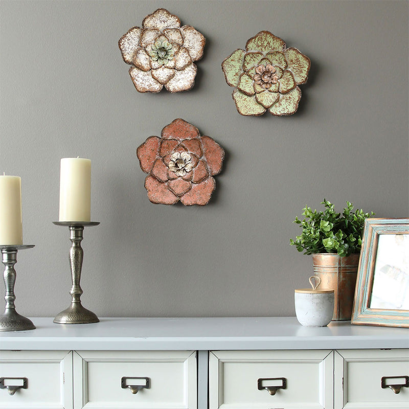 Stratton Home Decor Rustic Hand Painted Metal Flower Wall Art Decor, Set of 3