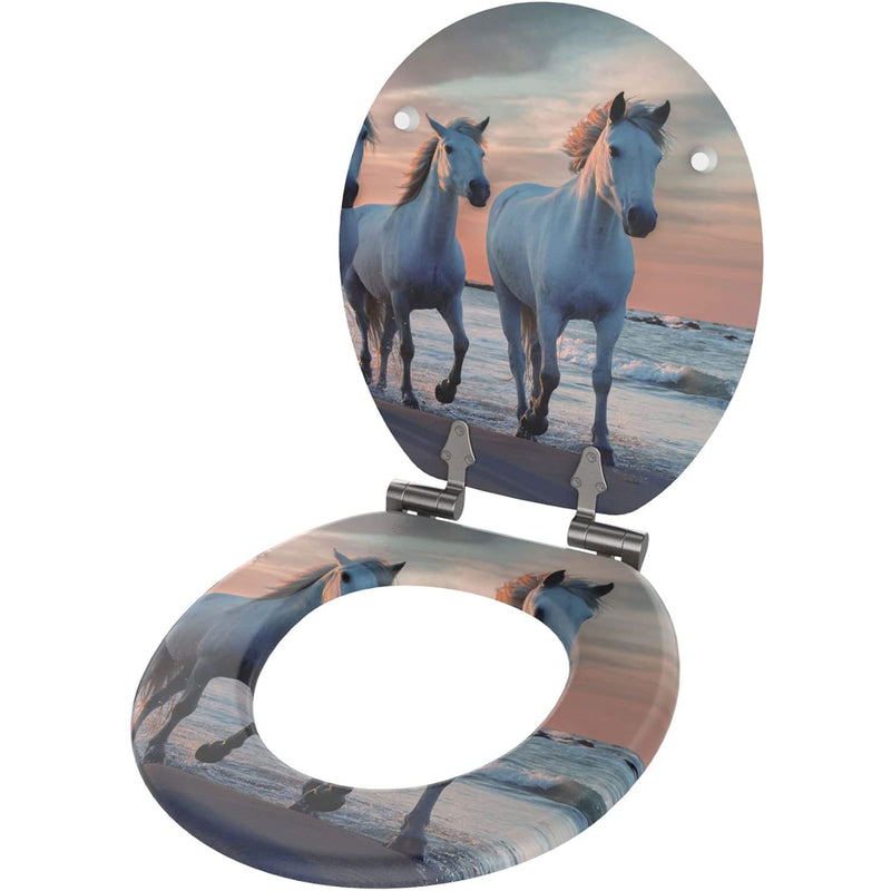Sanilo 340 Round Molded Wood Adjustable Toilet Seat with Soft Close Lid, Horses