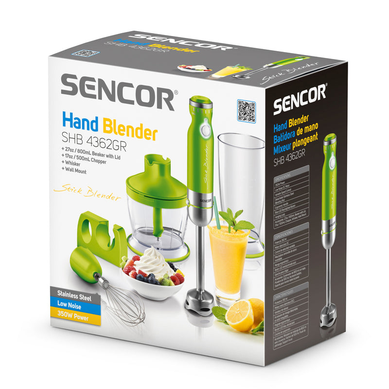 Sencor Stick Hand Immersion Blender Set with Beaker, Chopper, & Whisk, Green