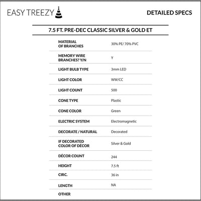 Easy Treezy 7.5 Foot Pre-Lit Douglas Fir Artificial Christmas Tree, Silver/Gold