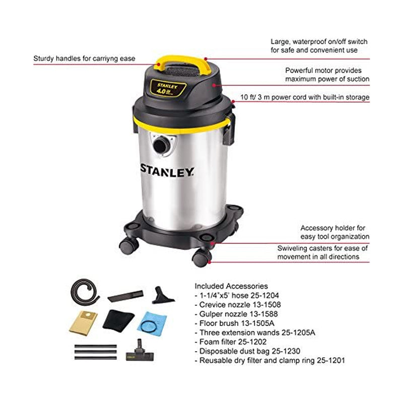 Stanley SL18129 Portable Stainless Steel 4 Gallon Wet Dry Floor Vacuum Cleaner
