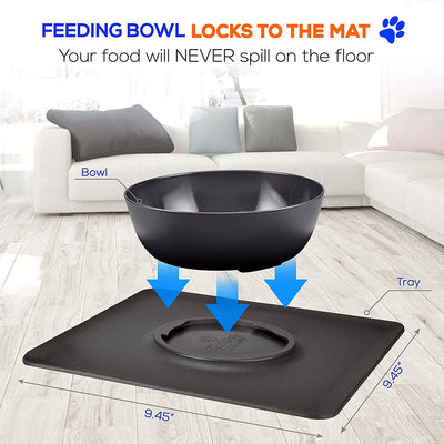 SereneLife Large Non Slip 2 in 1 Interlocking Pet Food Bowl & Mat, Gray (4 Pack)