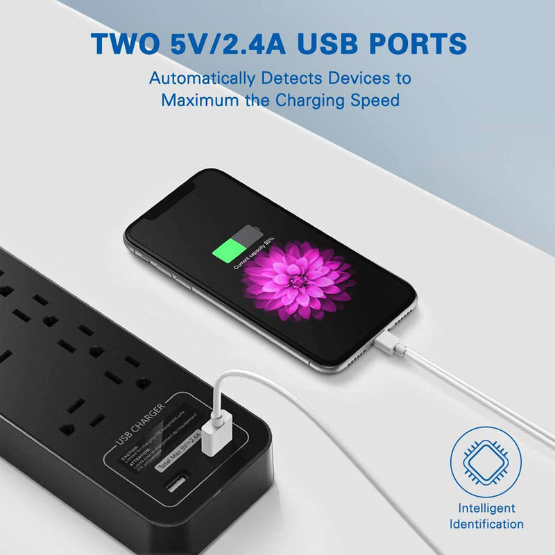 Huntkey Power Strip with 12 AC Sockets and 2 USB Charging Ports, Black (2 Pack)