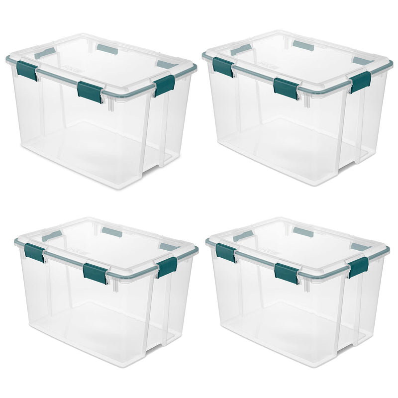 Sterilite 80 Qt Gasket Box Storage Bin with Lid & Latches, Clear/Teal (4 Pack)