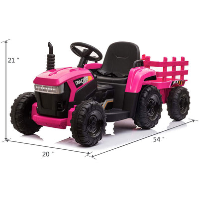 TOBBI 12V Kids Electric Battery-Powered Ride On Toy Tractor w/ Trailer, Rose Red