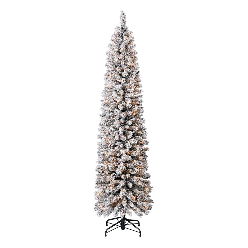 Evergreen Classics 7ft Pre Lit Lowell Flocked Pencil Christmas Tree w/ Pinecone