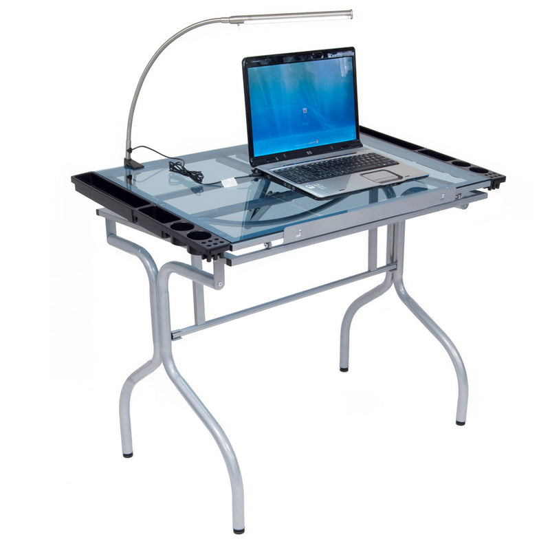 Studio Design Blue Glass Folding Art Drafting Desk Station Craft Table, Silver