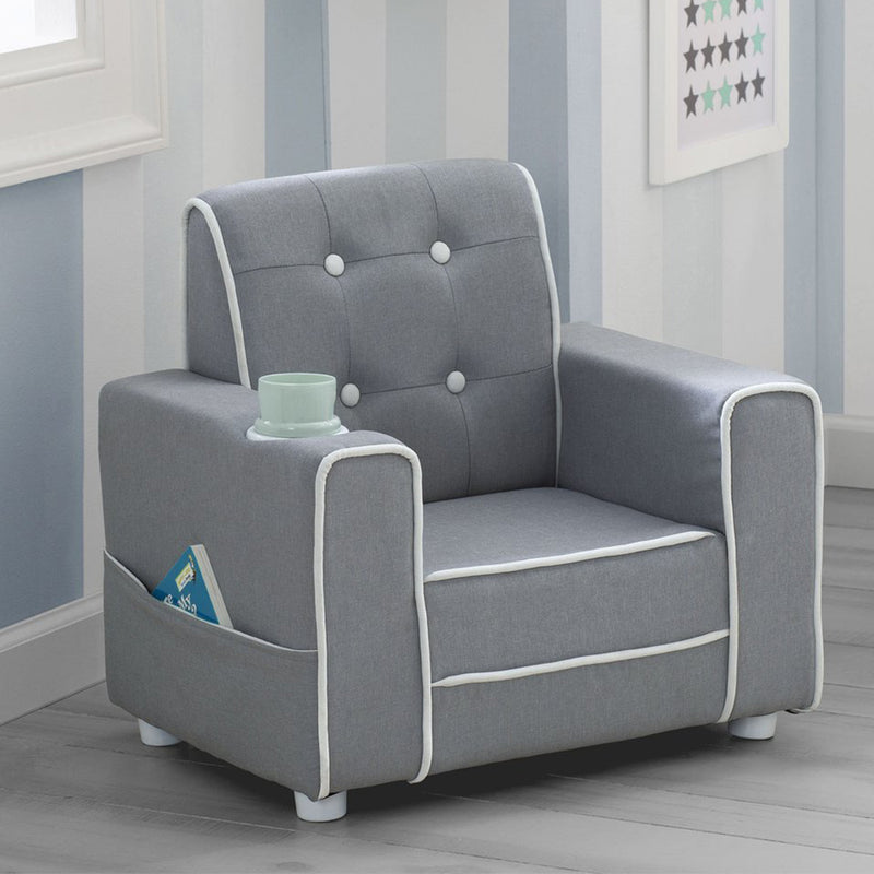 Delta Children Chelsea Kids Toddler Upholstered Chair with Cup Holder, Gray
