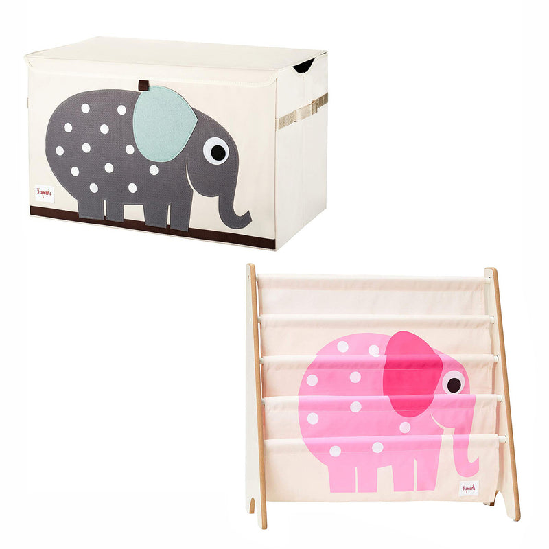 3 Sprouts Collapsible Kids Toy Chest Storage Bin Bundle with Bookcase, Elephants