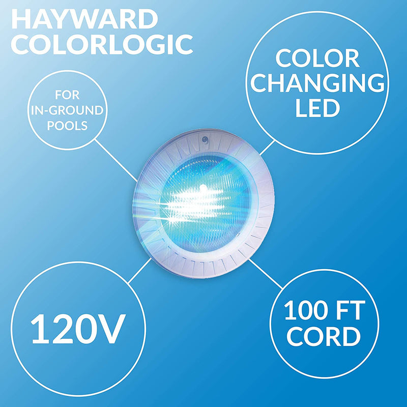 Hayward ColorLogic 4.0 Inground LED Pool Light w/ Plastic Face Rim, 100 Ft Cord