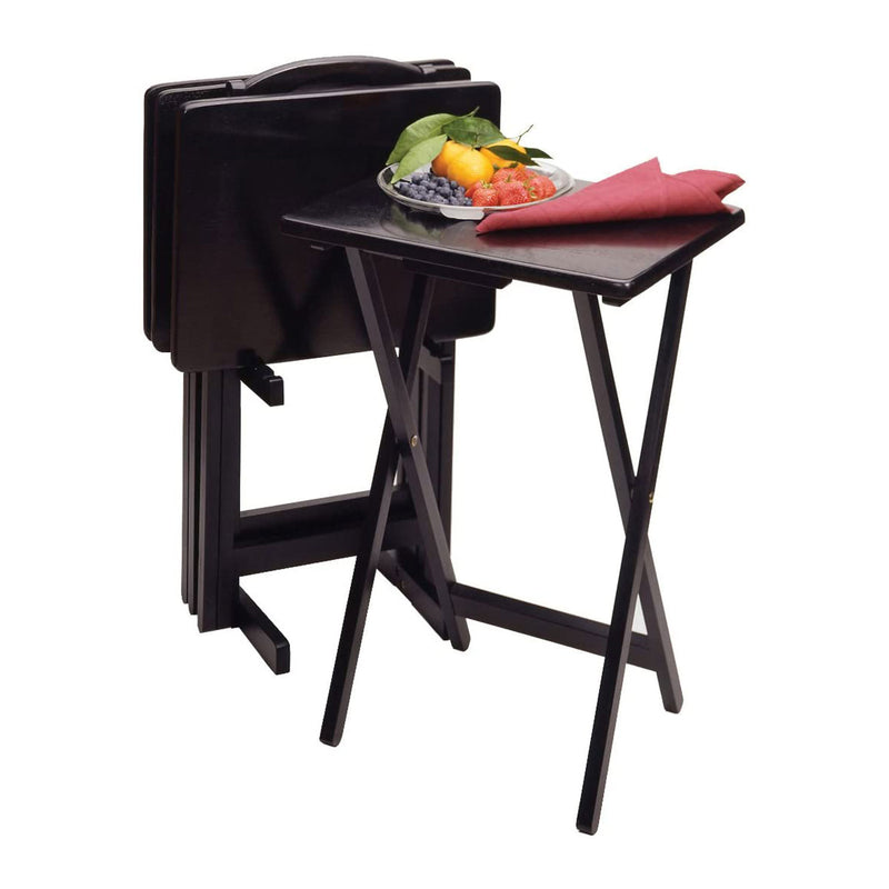 Winsome Alex Portable Folding Wood Snack Tray Table 4 Piece Set w/ Stand, Black