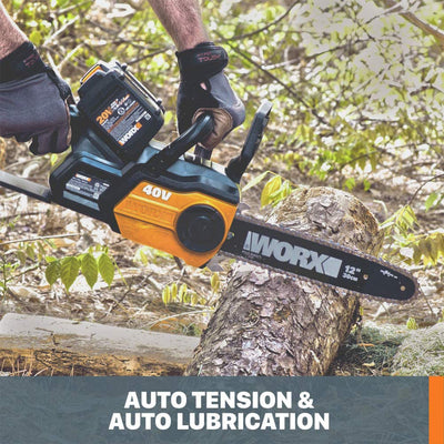 WORX WG381 12 Inch Cordless Power Chainsaw with Auto Tension, Black and Orange